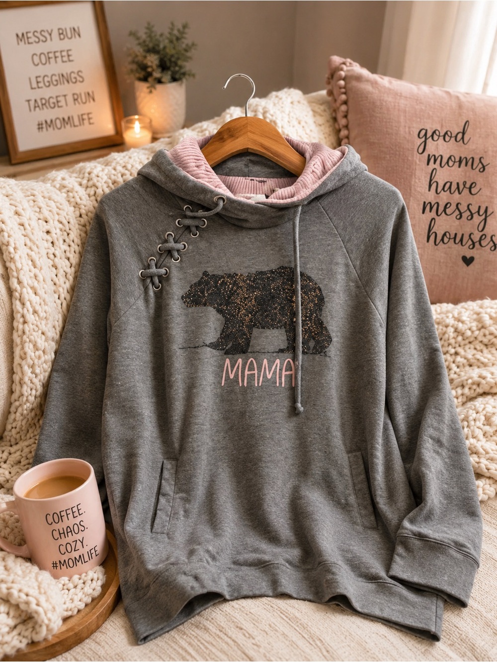 Maurices Gray Hoodie Tunic with Pink Accent - Mama Bear Graphic